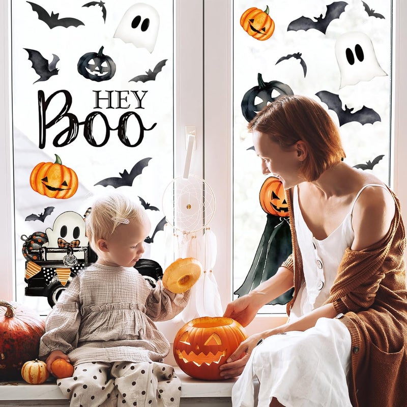 Whaline 6 Sheets Halloween Window Clings Vintage Hey Boo Ghost Evil Pumpkin Bat Reusable Window Decals for Spooky Holiday Haunted House Home Office School Glass Decor - Image 2